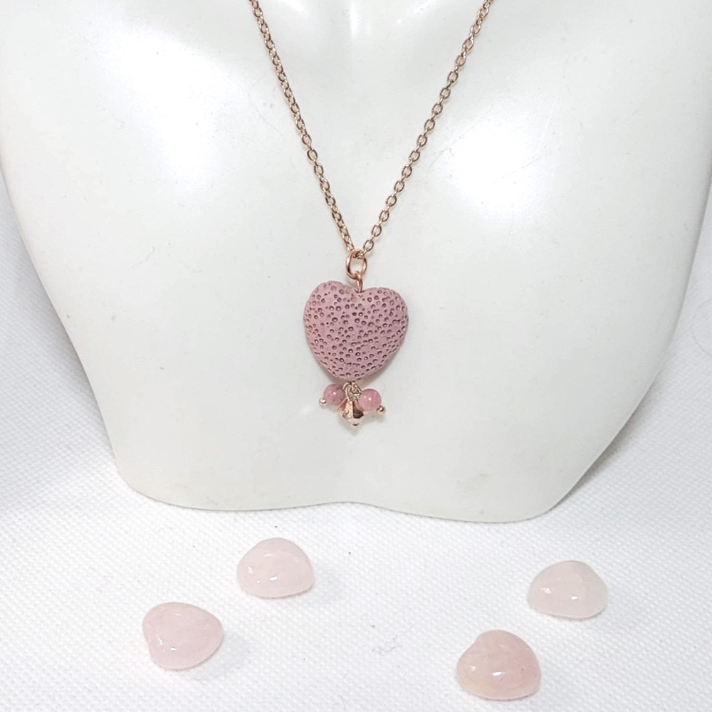 Handmade heart diffuser pendant, with Rondelle beads on Rose Quartz necklace.